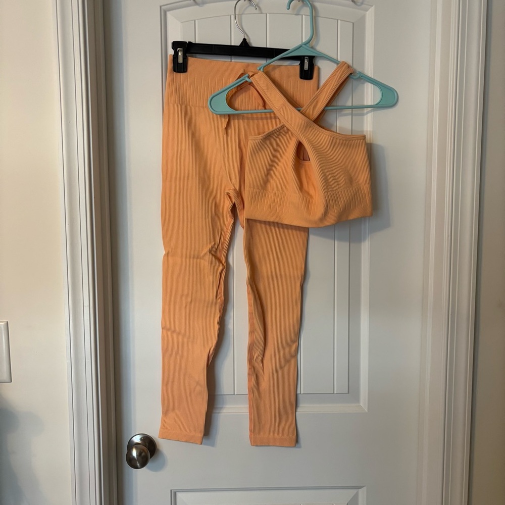 Orange Ribbed Knit Athletic Leggings Set